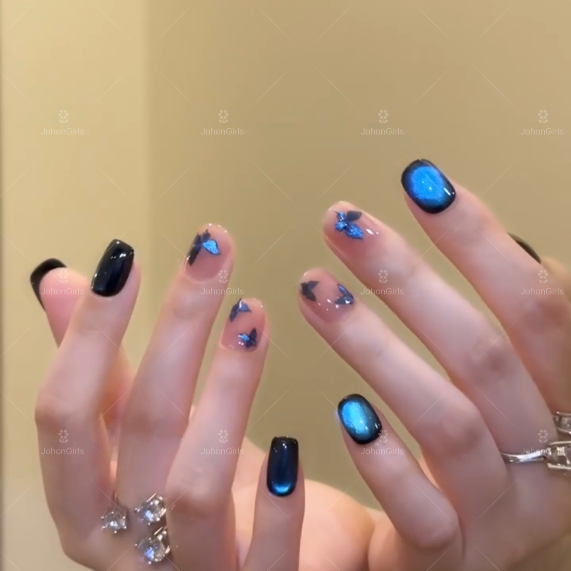 JohonGirls'/琴岛小嫚【闪烁蓝魅】蝴蝶猫眼手工穿戴美甲短款高级感
