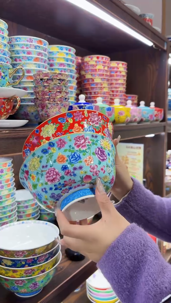 珐琅7英寸面碗2个景德镇陶瓷