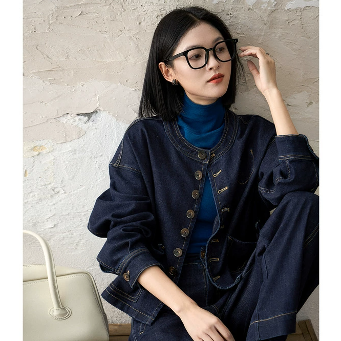 笑涵阁  撞色线迹无领牛仔短外套/茧型牛仔裤套装NWC762589AG