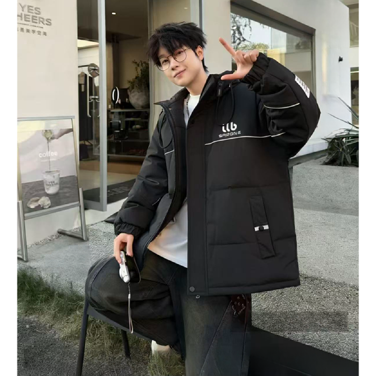 K113 黑色 青少年潮牌连帽羽绒外套