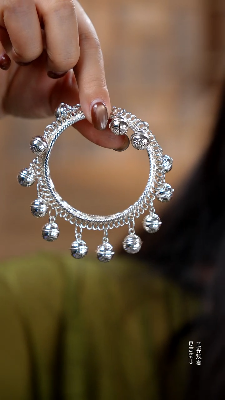 珐琅足银银新款铃铛手镯55.5克