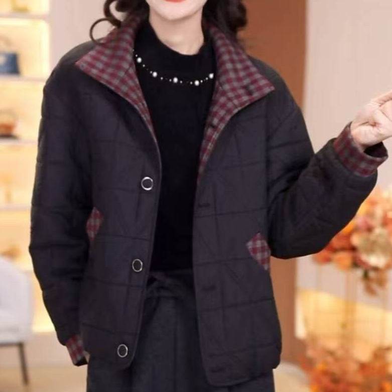 秋冬新款优雅气质女装时尚加棉保暖格子休闲短棉衣外套【353-1#】