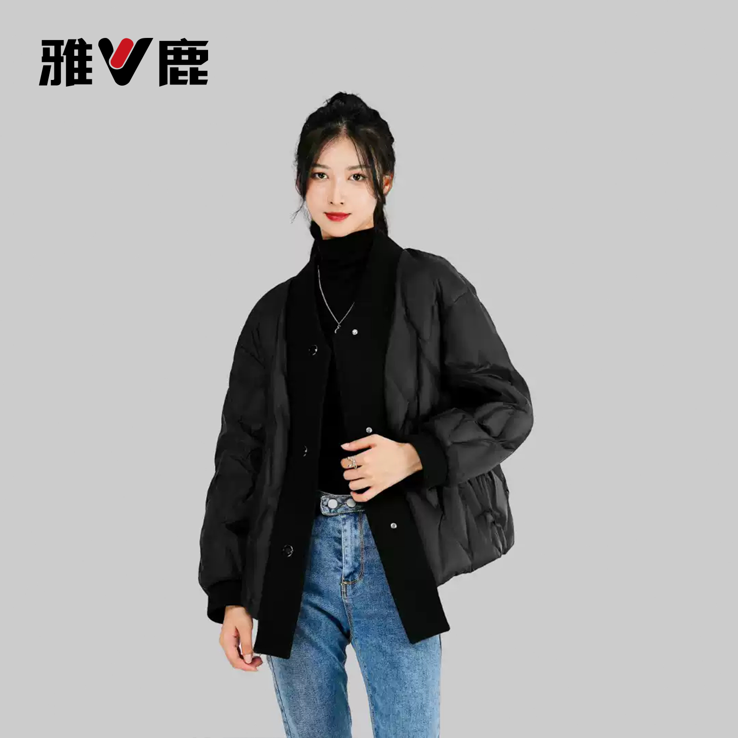 雅鹿新款白鸭绒针织收腰小个子外套V领拼接时尚百搭短款羽绒服