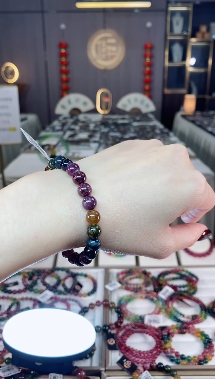 未镶嵌老矿碧玺色标彩虹单圈手串7mm+碧玺dan多样性发货一条