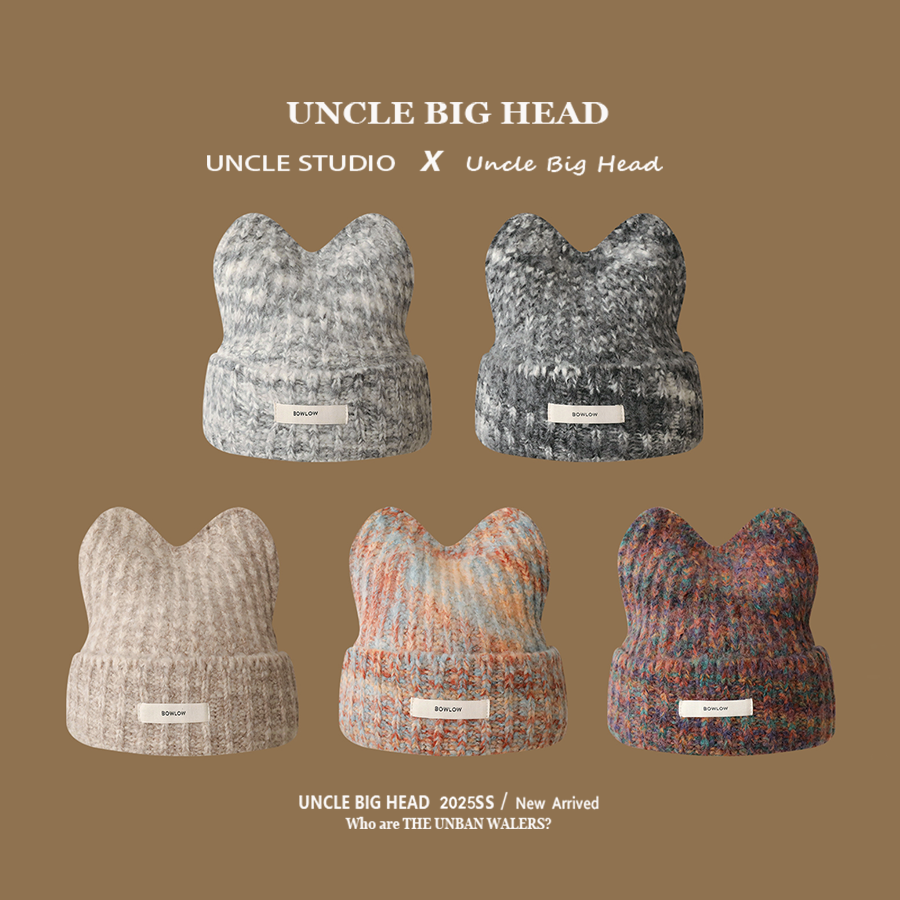 可爱猫耳朵针织毛线帽混色布标冬季保暖护耳帽子显脸小包头帽女生