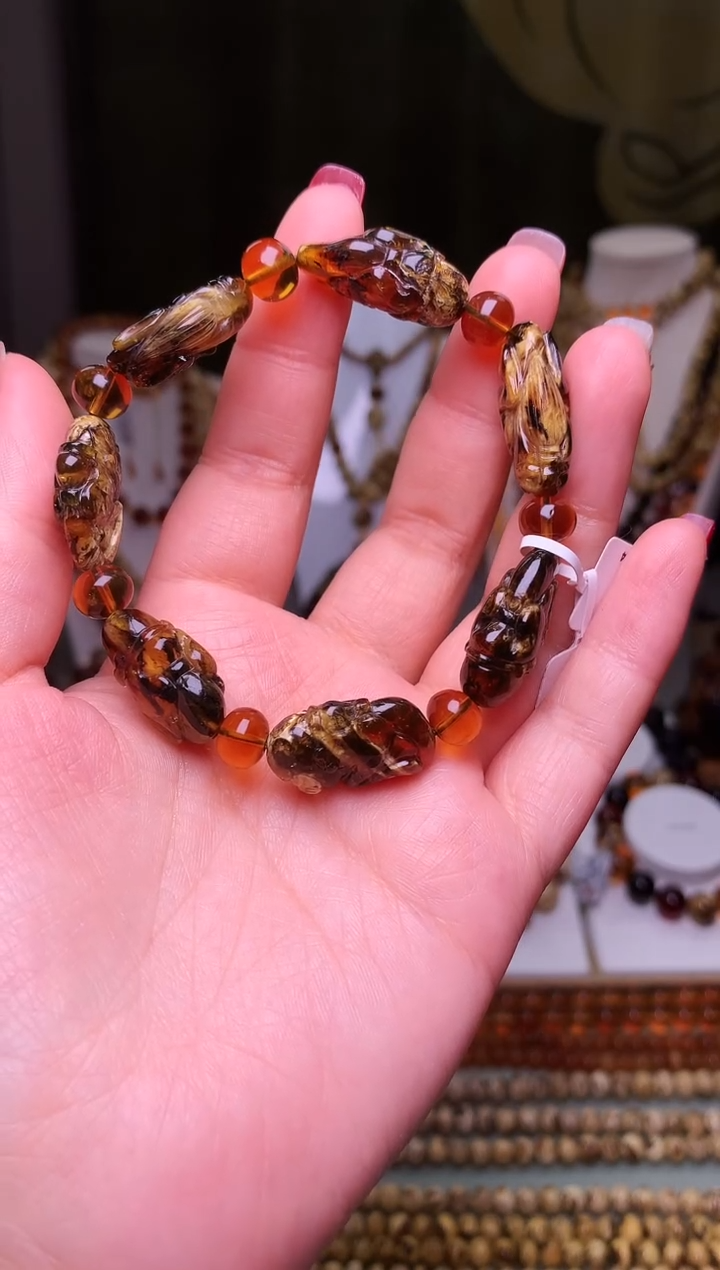 【闪购商品】琥珀裸石未镶嵌抚顺琥珀雕刻手串（寿星）