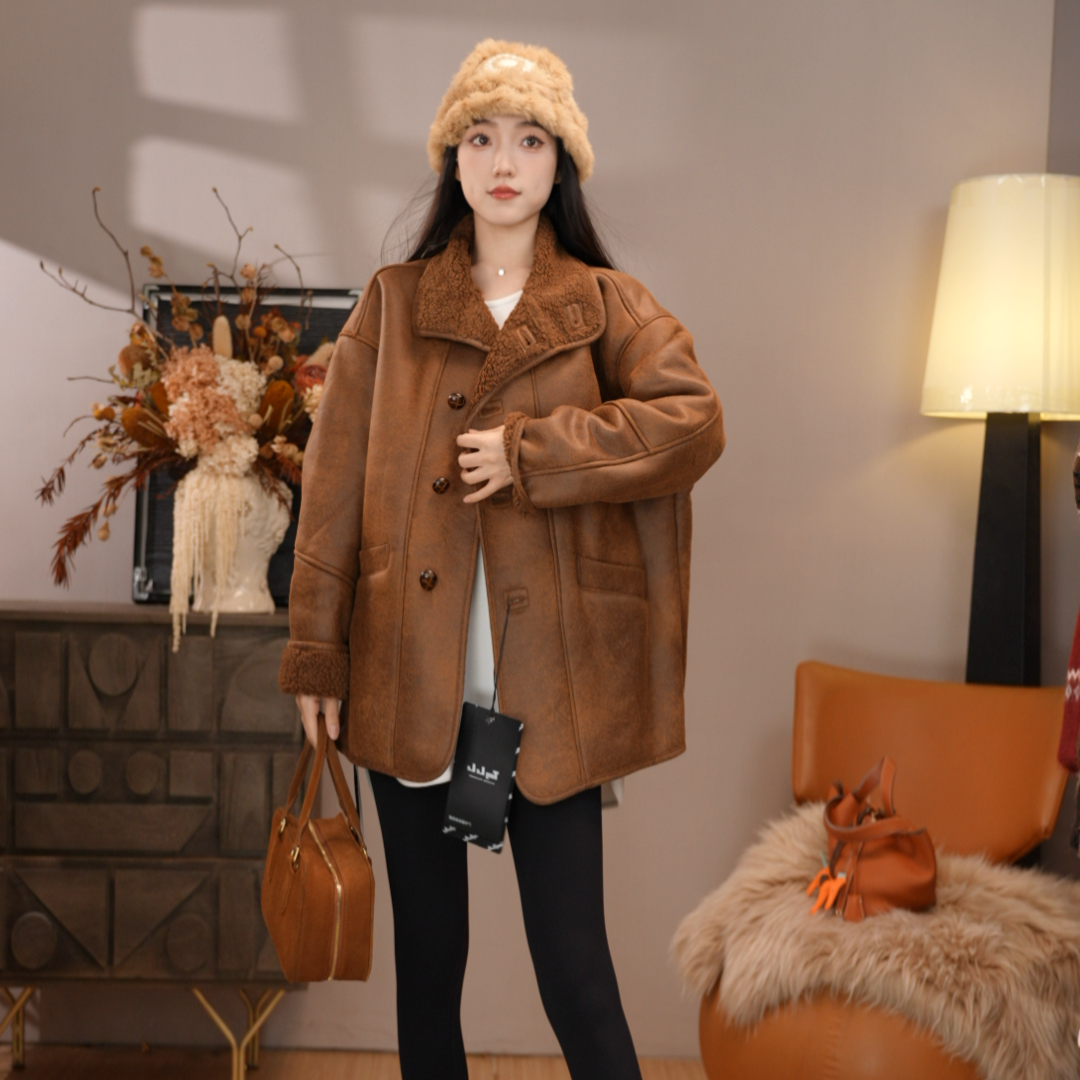 广州唐乐乐～经典简约机车服加绒大衣外套女中长款BF0316