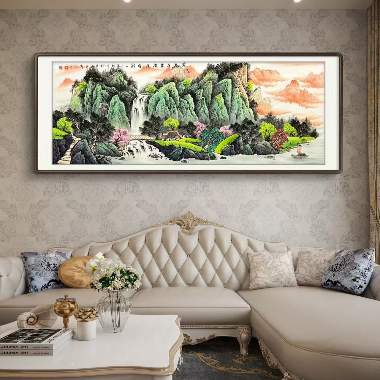 《紫气东来流水生财》六尺横版手绘宣纸国画客厅挂画作品文玩探宝