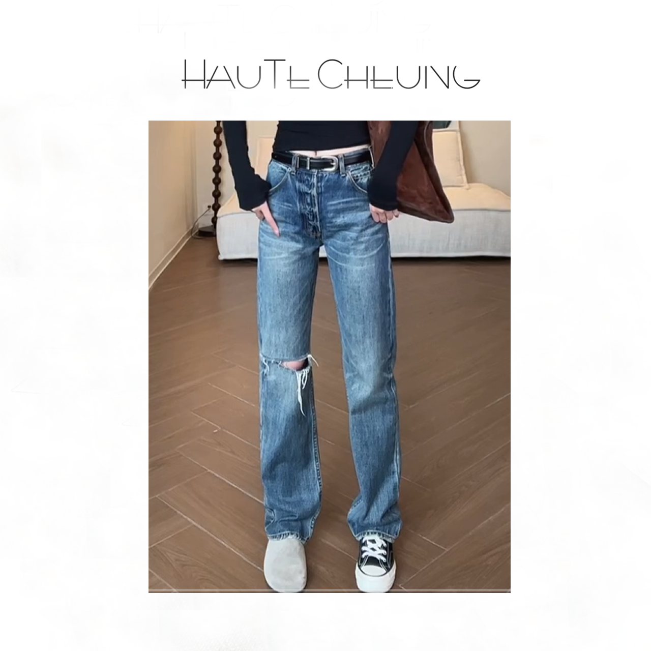 设计感 时尚刀割破洞  水洗破坏 显瘦百搭 中腰直筒牛仔裤   B084