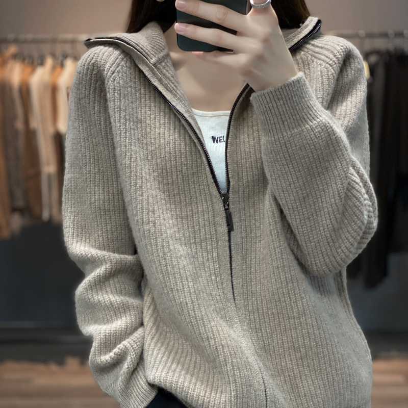 051-100号羊毛开衫秋冬新款女宽松拉链毛衣外套
