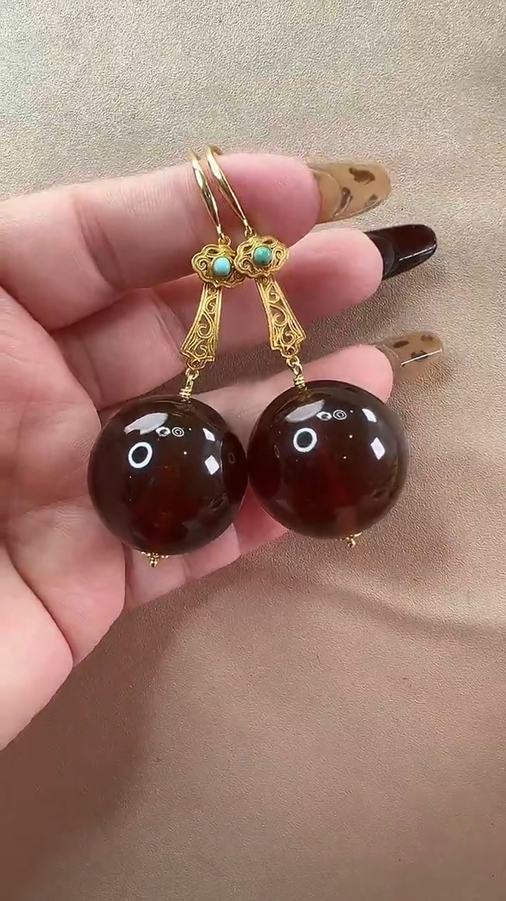 【闪购商品】琥珀耳饰银S925镶嵌耳环