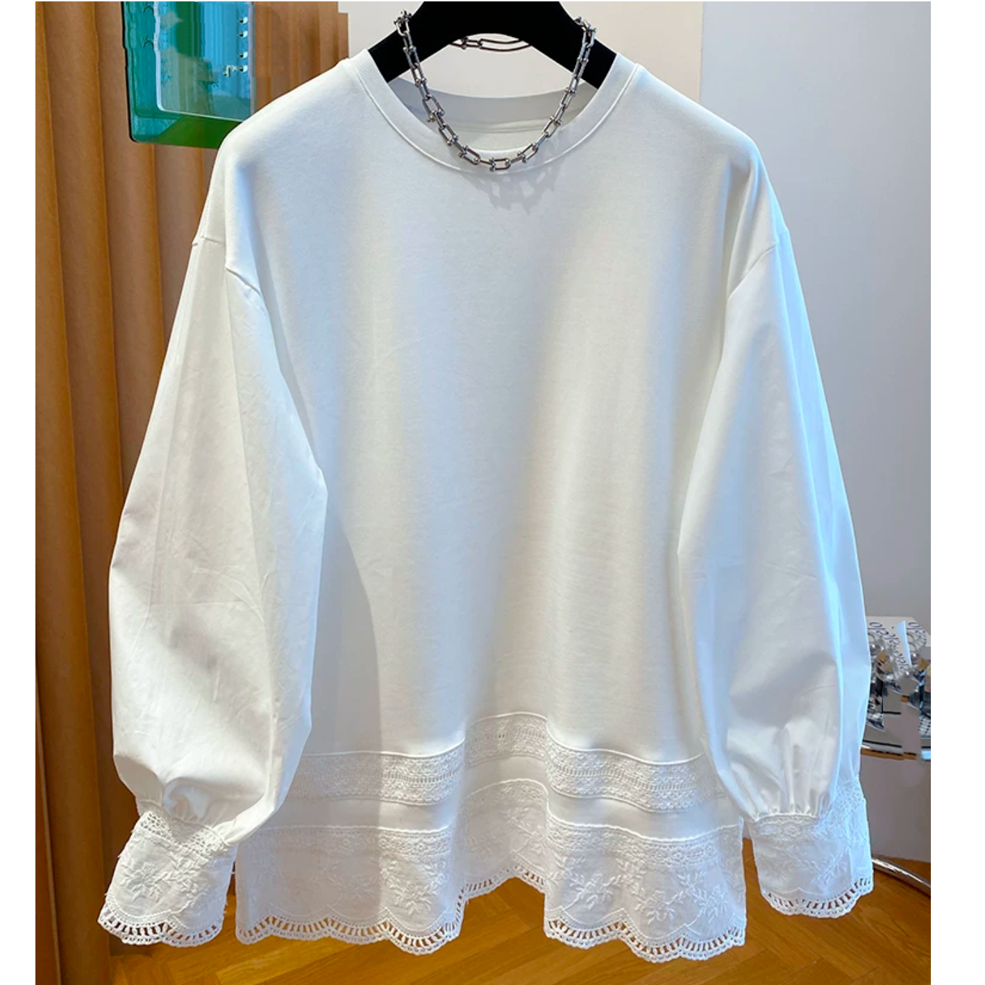 拼接衬衫袖上衣2025春款长袖花边勾花百搭宽松圆领白色打底衫