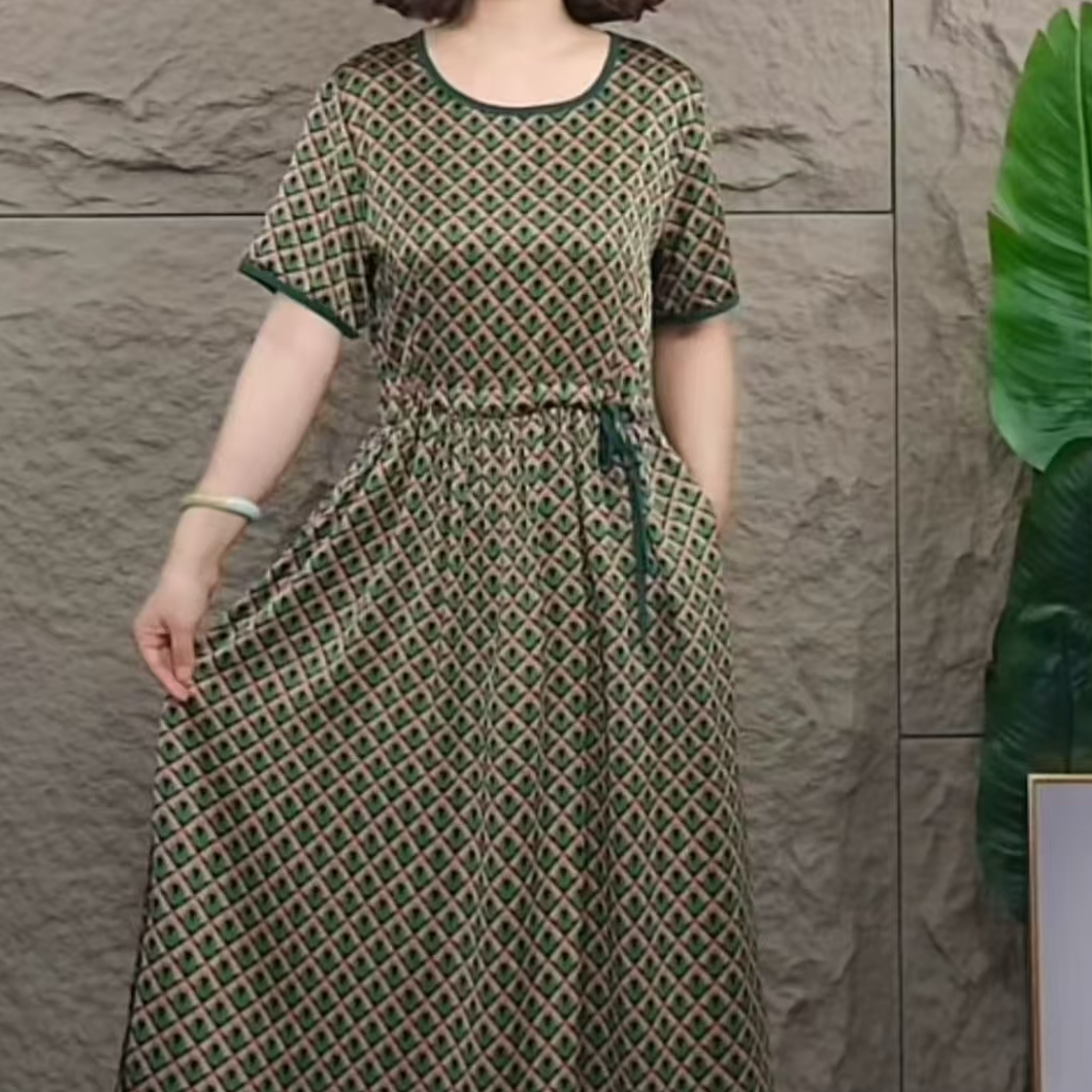 1071圆绿绿裙妈妈装高妈妈装洋气显瘦气质女装连衣裙