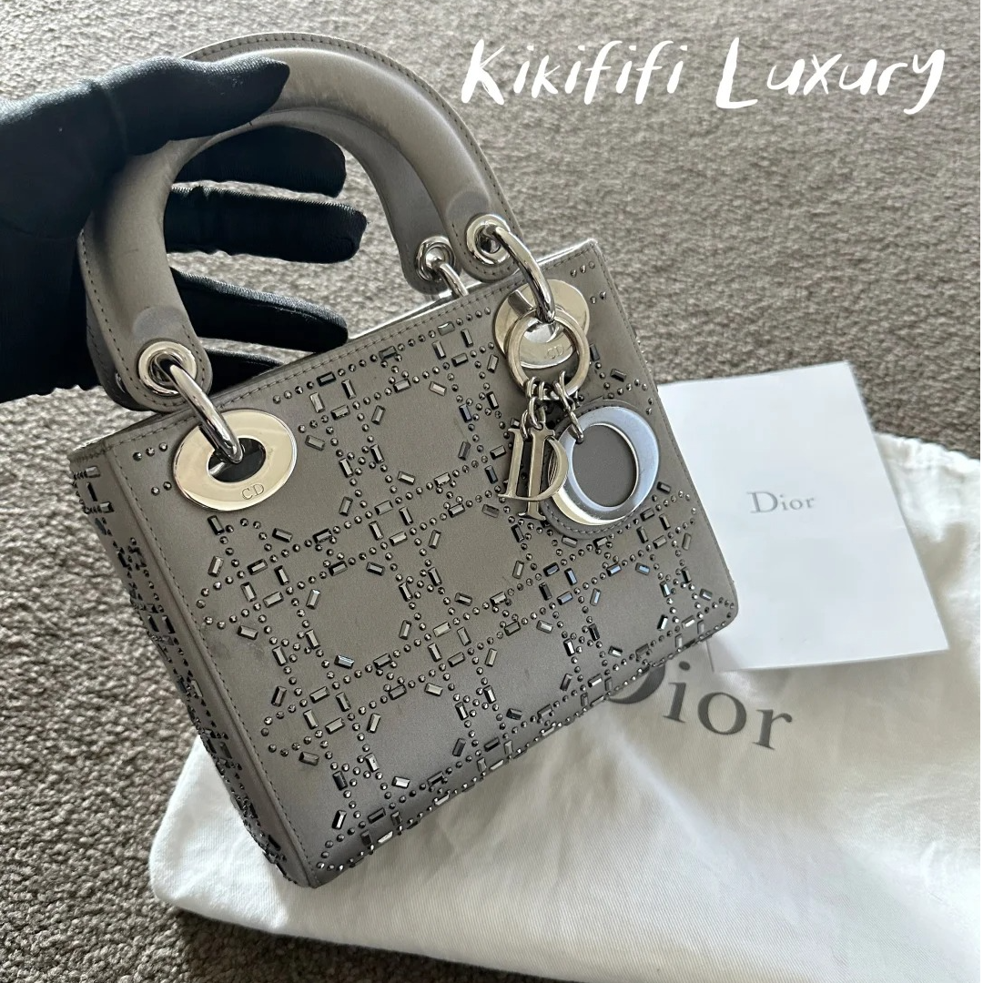 99新 DIOR/迪奥 小花Jerry灰色 戴妃三格缎面水钻手提包