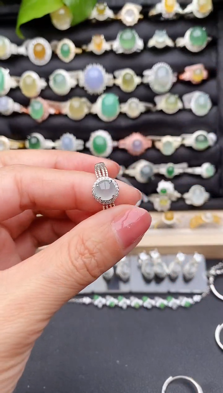 【闪购商品】翡翠戒指银S925镶嵌缅甸天然A货翡翠55  8-