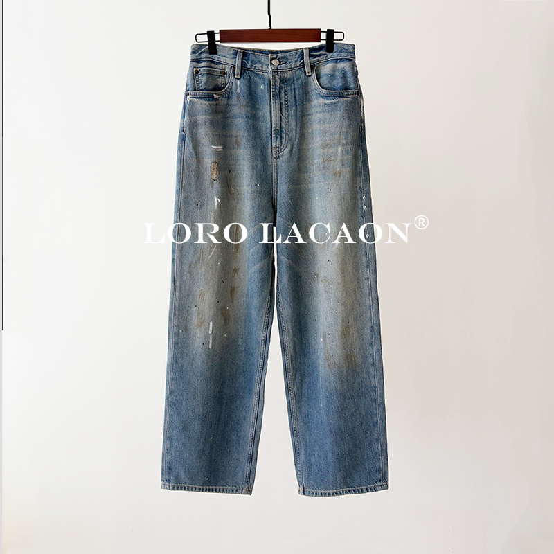 以赛亚 都市漫游 25年AC漆点女款涂绘休闲阔腿牛仔拖地裤6075