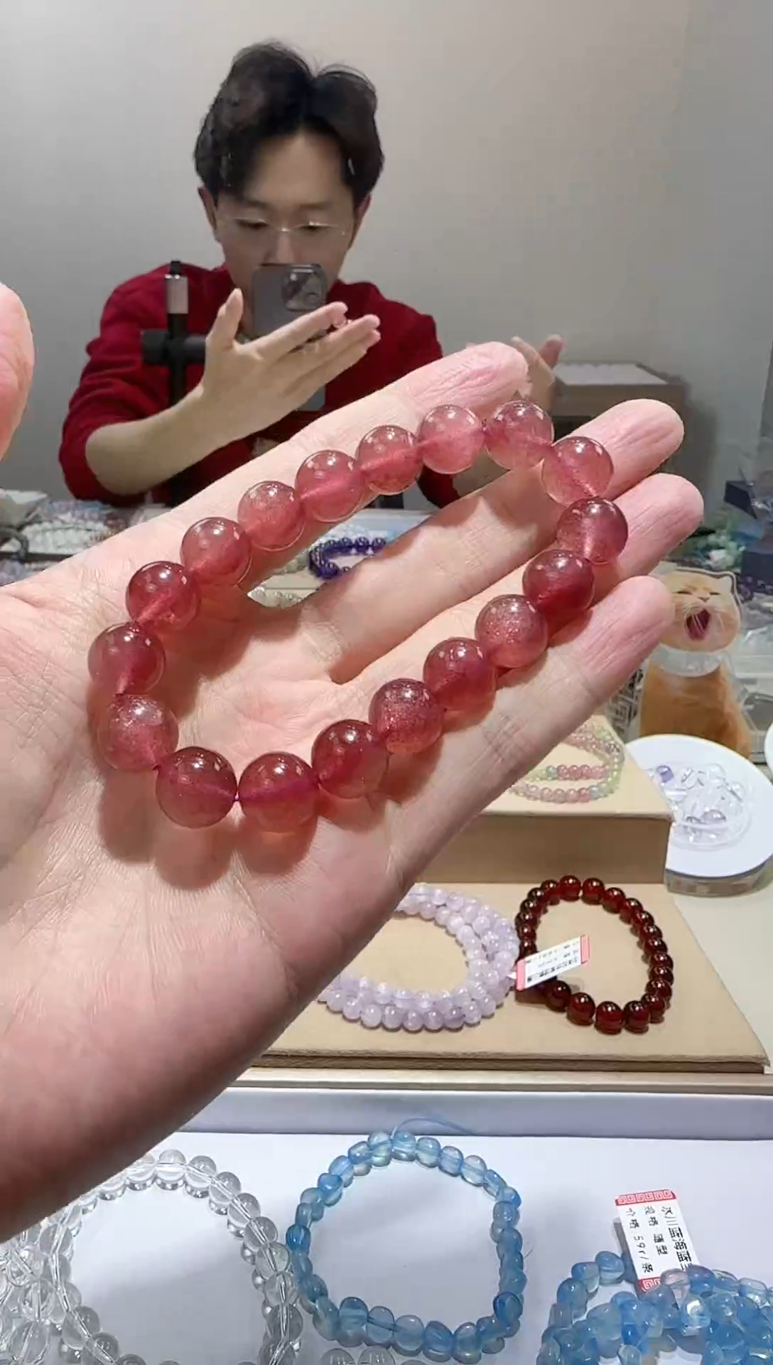 【闪购商品】石英质玉手链未镶嵌爆闪鸽血红草莓晶11