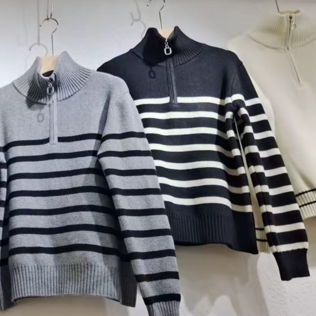衫翻领百搭毛针织衫条纹半拉链休闲针织秋季男装毛衣