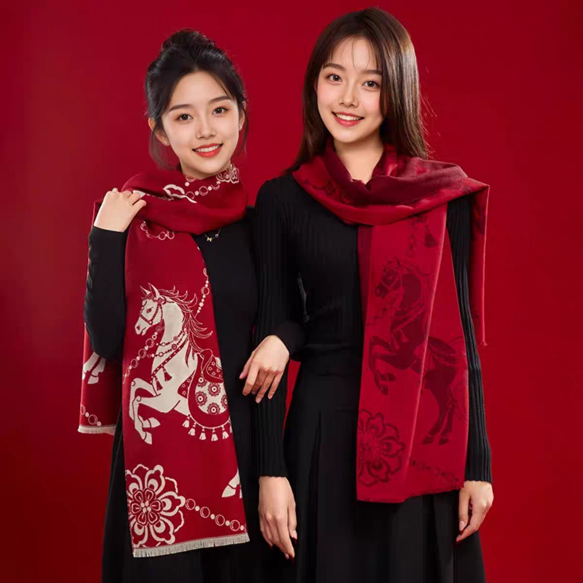 羽萦马年本命年红马祥马迎福红围巾中国红印字同学聚会活动庆典