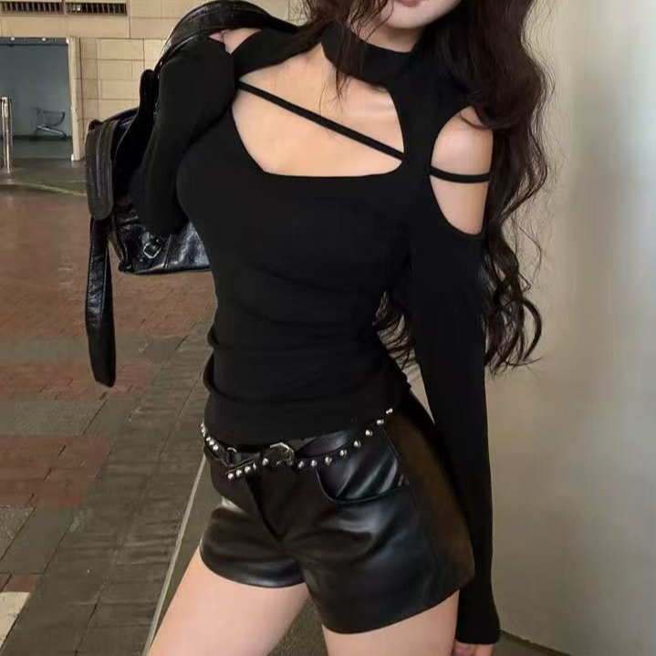 性感辣妹黑色镂空长袖T恤女春秋季新款设计感显瘦内搭百搭上衣 