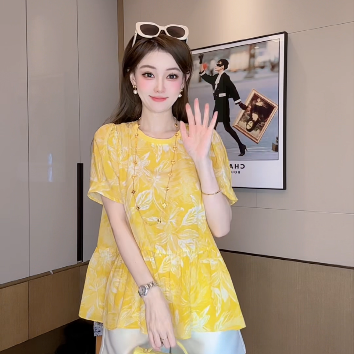 【丝芙玉禄】（F868）100%真丝双绉创意印花气质宽松桑蚕丝t恤上衣