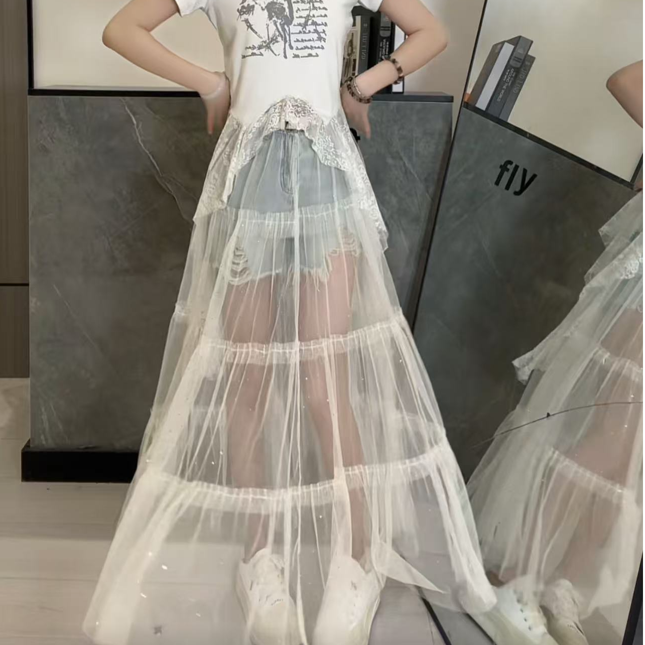 安琪定制-[N47A]夏季新款设计感高腰牛仔短裤拼接网纱裙时尚显瘦