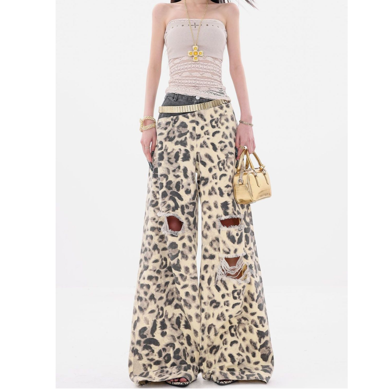 美式复古破洞豹纹印花设计阔腿牛仔裤女2025新款宽松裤子1280#