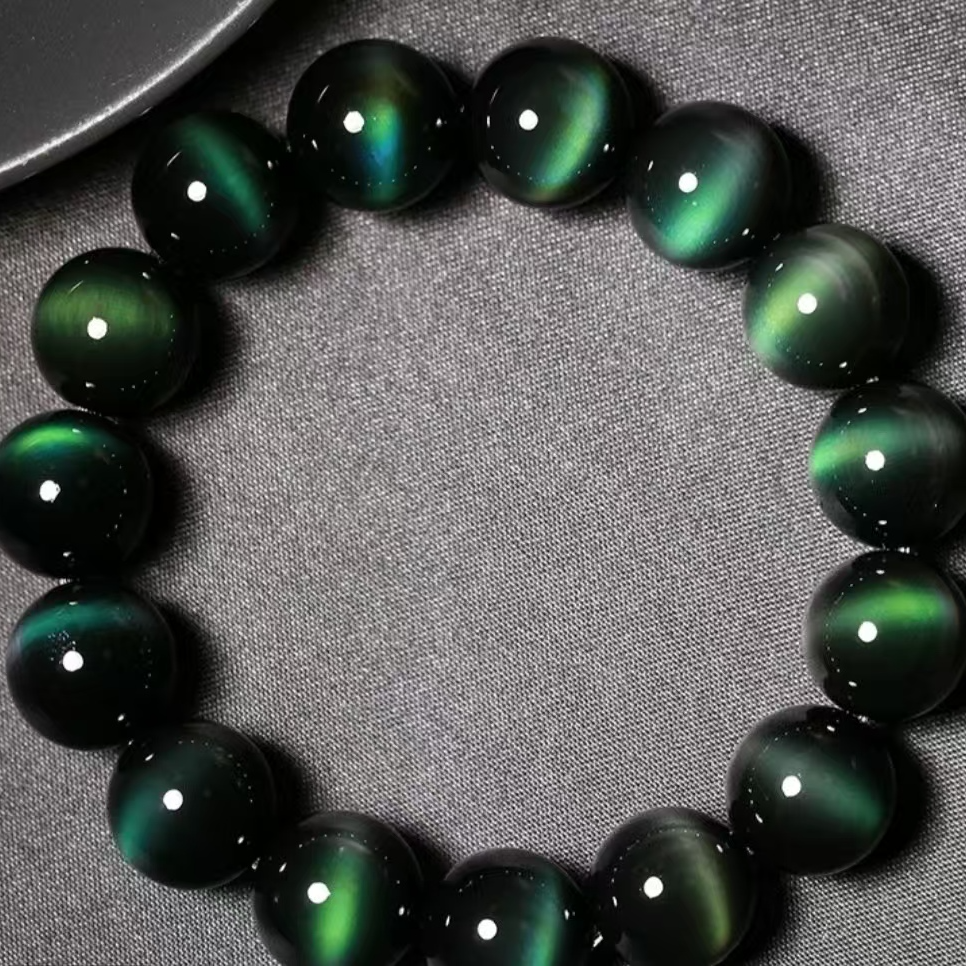 天然正品绿眼猫眼黑曜石手串情侣款本命年蛇年时尚百搭猫眼石手串