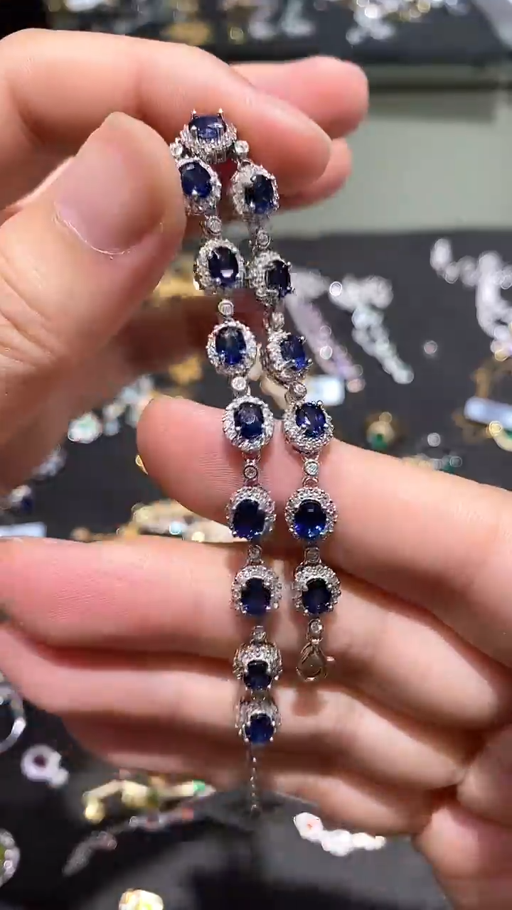 蓝宝石手链银S925镀金镶嵌手链