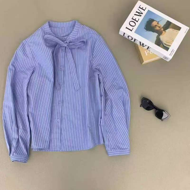 【慧美家】2025新款韩系蝴蝶结绑带条纹衬衫1923