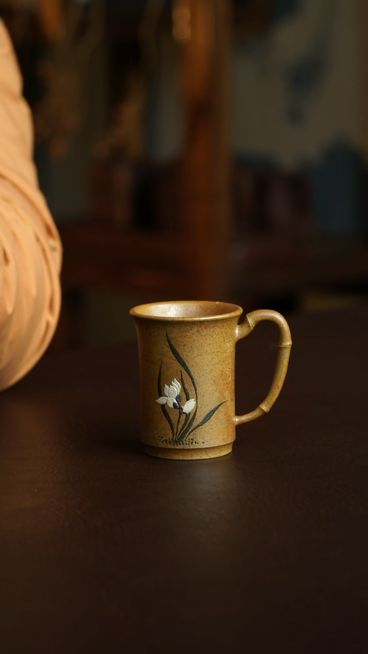 茶杯紫砂9号 柴烧兰花把杯 宜兴紫砂原矿作品