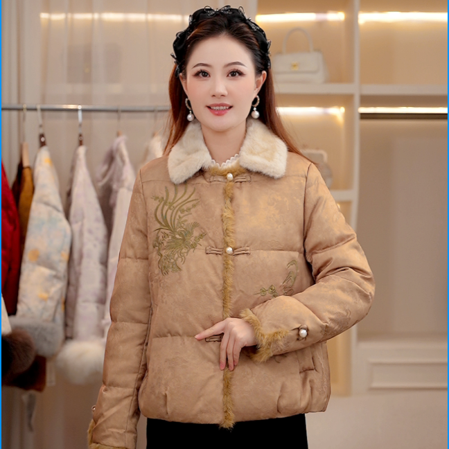 【烟雨】冬季新款新中式拼接时尚洋气加厚保暖羽绒外套 咖色