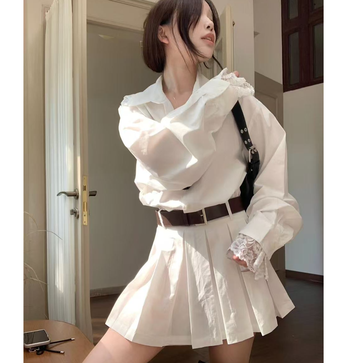 微胖女生胖mm新款Polo领蕾丝拼接衬衫百褶连衣裙收腰显瘦法式