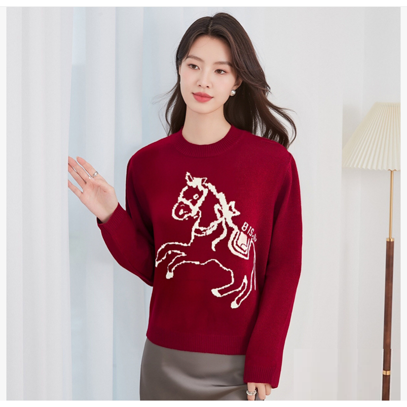 100%绵羊毛马上有钱新年系列气质软糯氛围感线条针织衫25DAK1882
