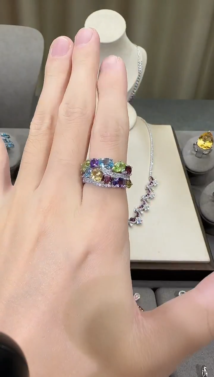 银S925镶嵌戒指水晶12mm多彩宝戒指设计款