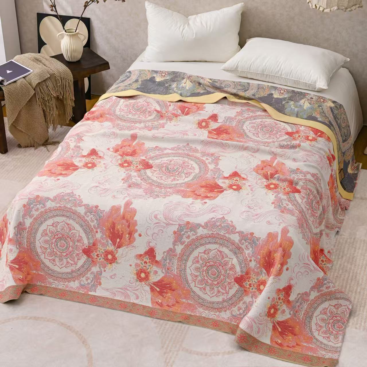 高奢国风天麻传承毯床盖230cm*250cm-锦鲤一品