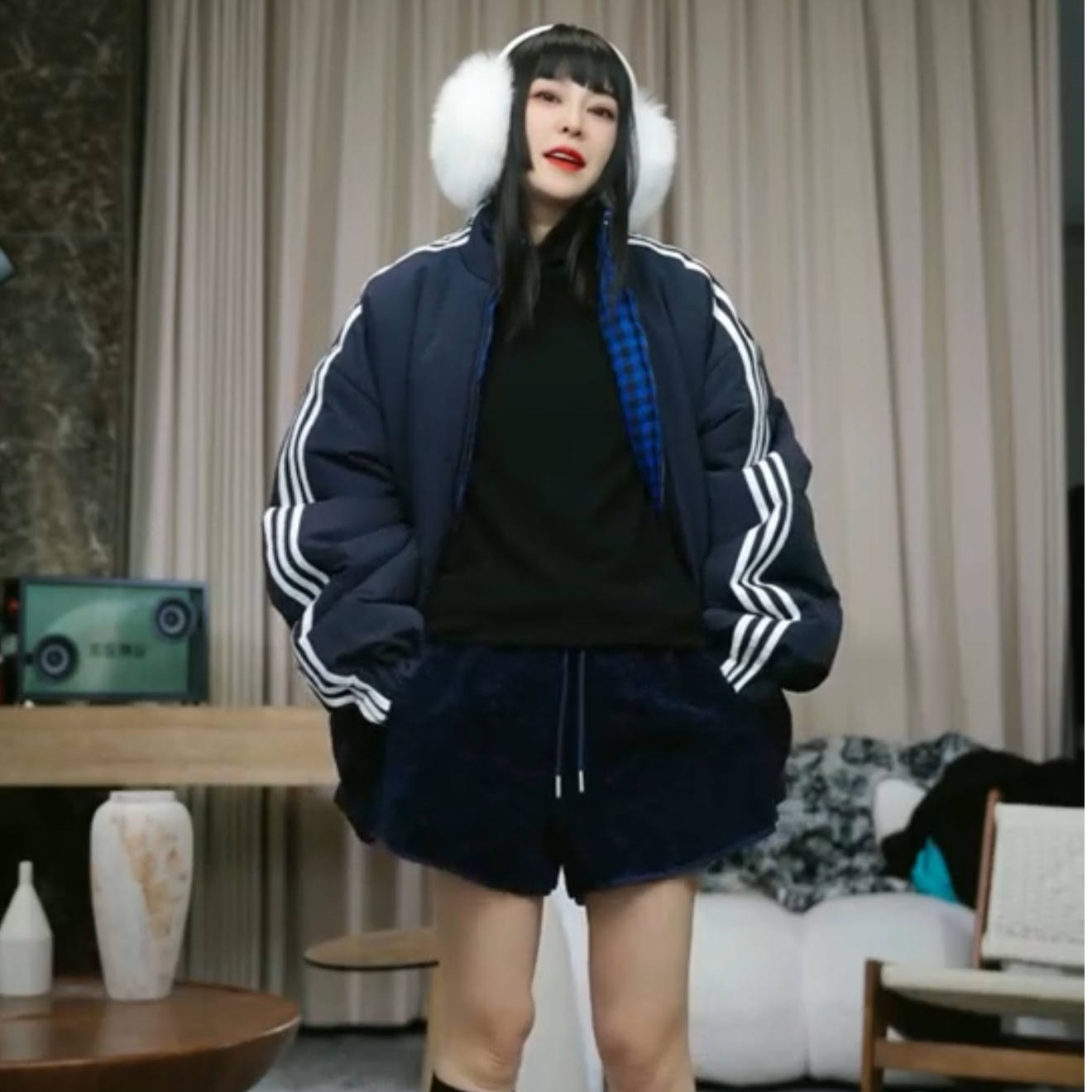 infobyfive秋冬正反两穿三杠蓝格子棒球服外套棉服贰NF0511210