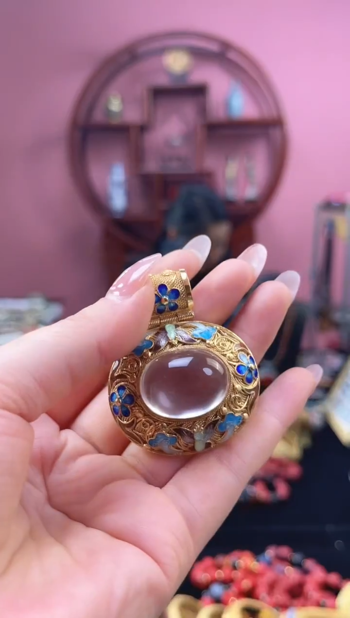 非遗 花丝镶嵌吊坠 淡粉 大蛋面 