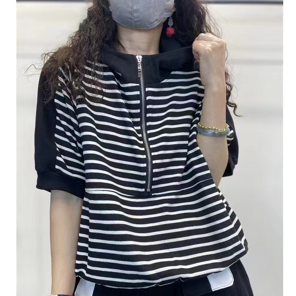 2025夏季时尚宽松休闲条条帽衫