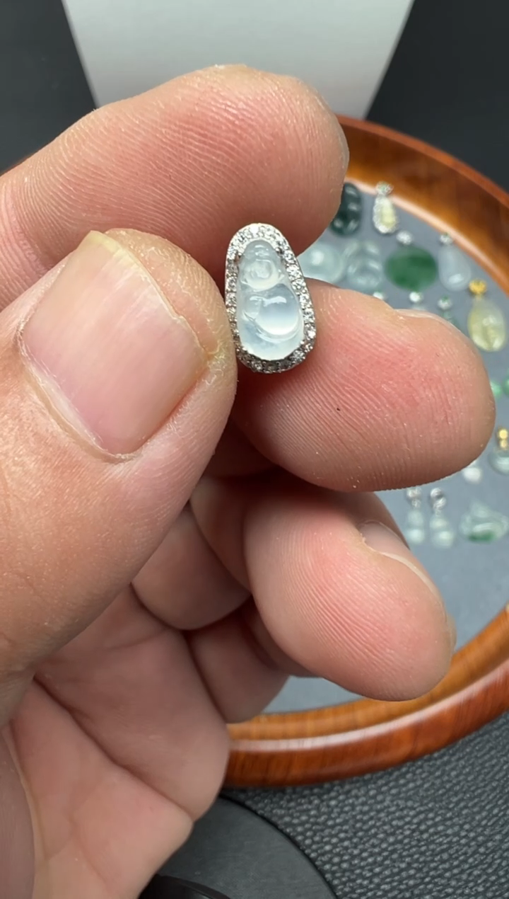 颈饰银S925镶嵌翡翠（7号）纯天然A货缅甸翡翠 布袋佛潘拉拉