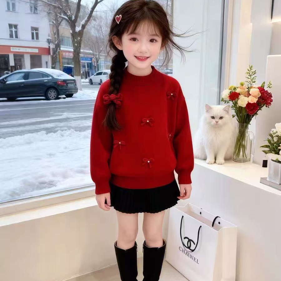 【抗起球羊绒 加厚加绒立体蝴蝶结】女童冬款针织毛衣1220010