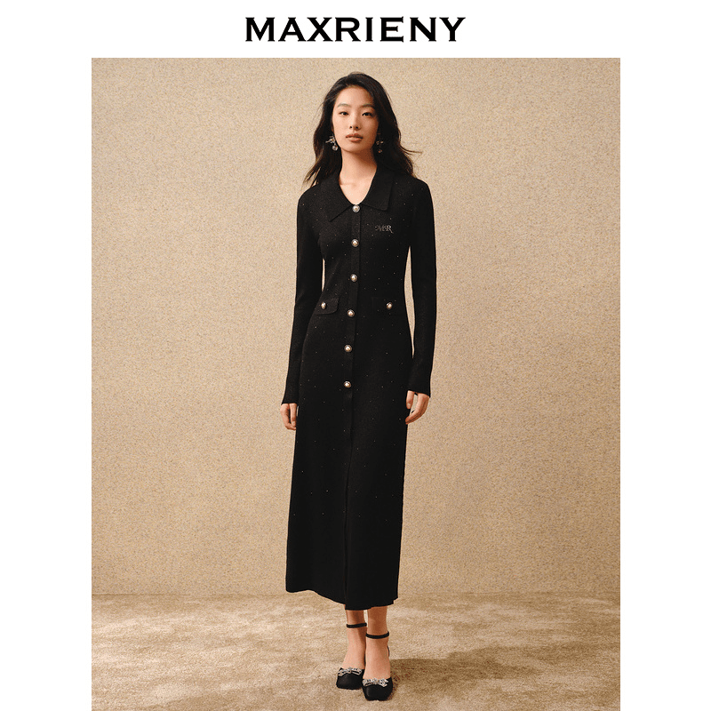 MAXRIENY冬连衣裙气质长袖针织黑色设计师优雅秋冬MS88DR763A90