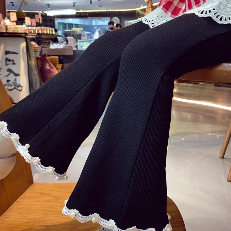 女童喇叭裤秋装2025新款黑色儿童珍珠花边马蹄裤小女孩修身长裤子