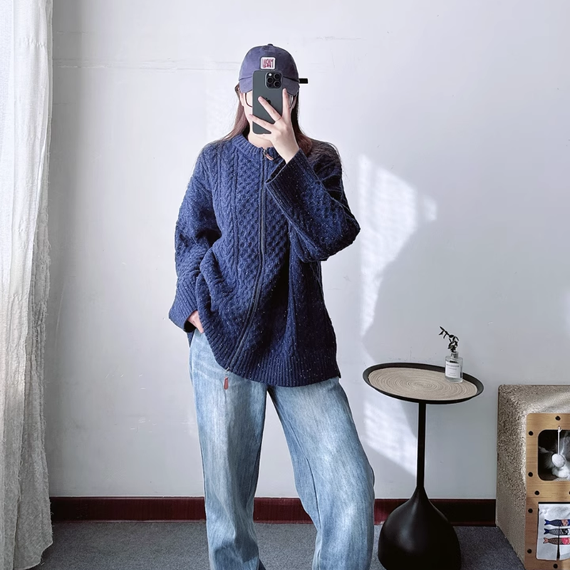 20024冬新品M家绞花OVERSIZE拉链针织衫开衫宽松麻花毛衣-1031