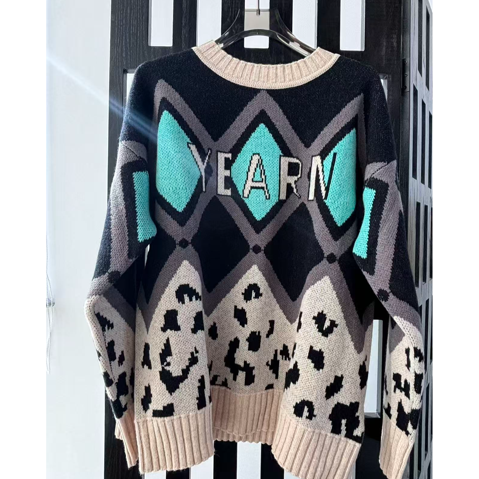 厚款百搭针织拼接圆领针织衫撞色长袖网红提花纯羊毛针织毛衣