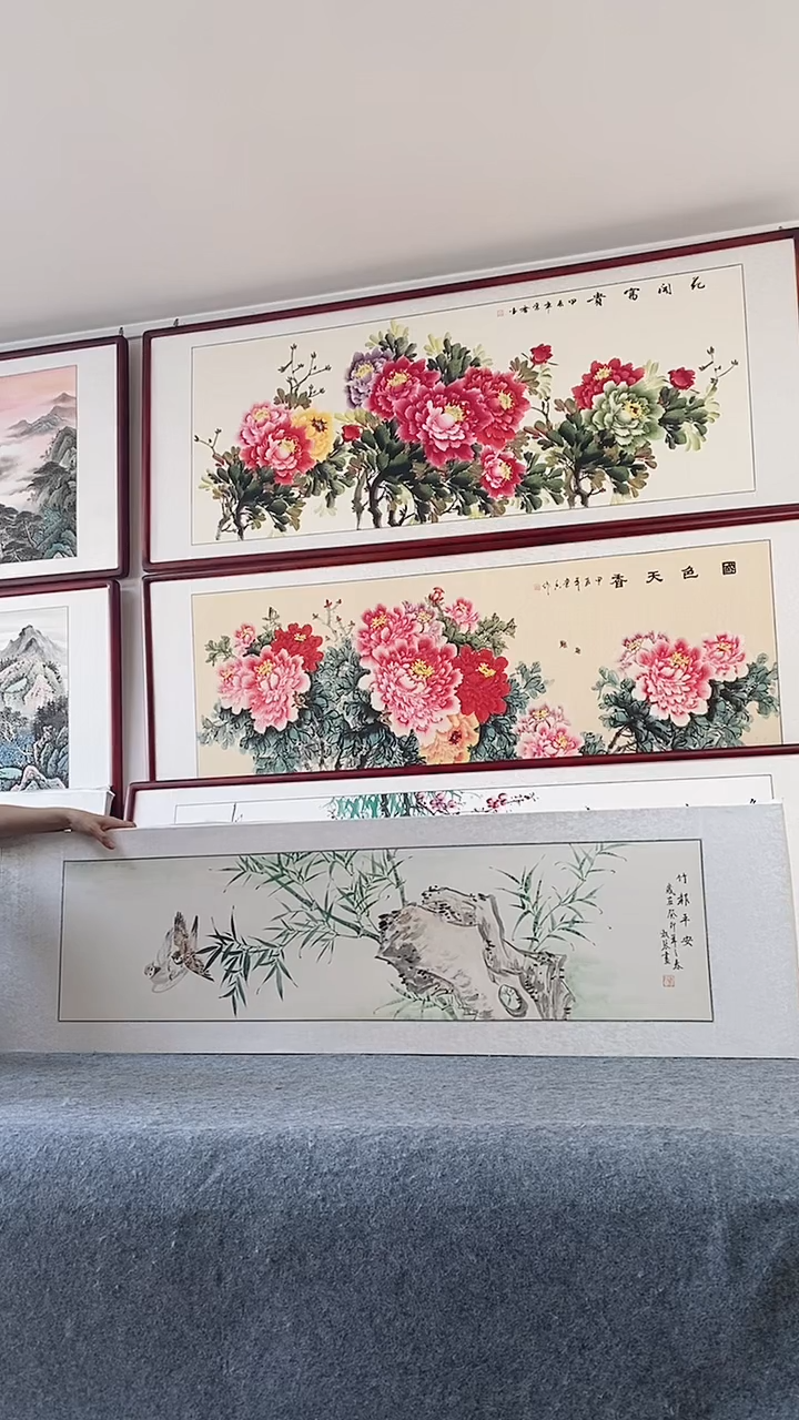 国画纯手绘国画牡丹165*50CM带框装饰字画