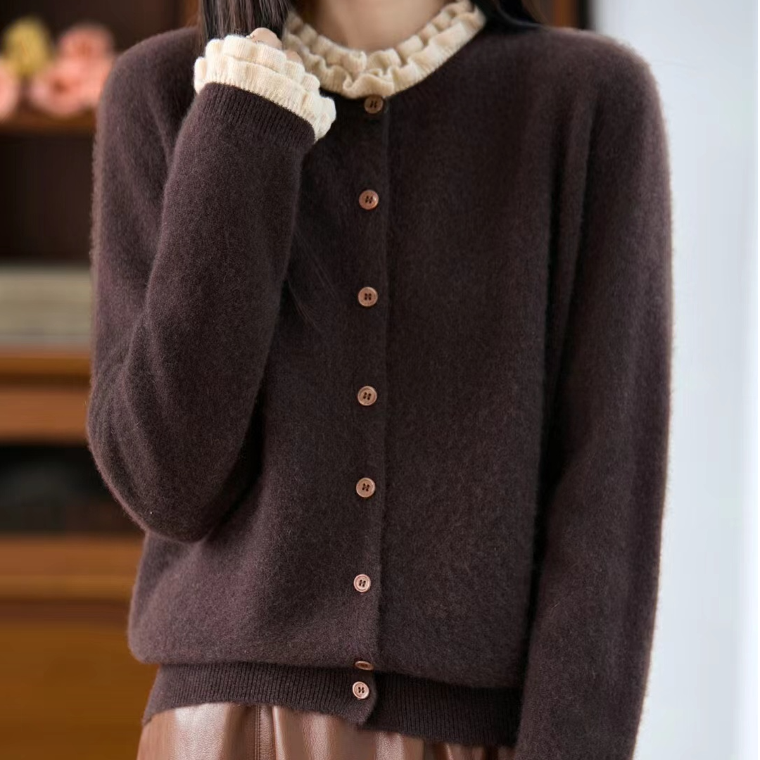 木耳边开衫100纯羊毛衫秋冬洋气上衣D2515