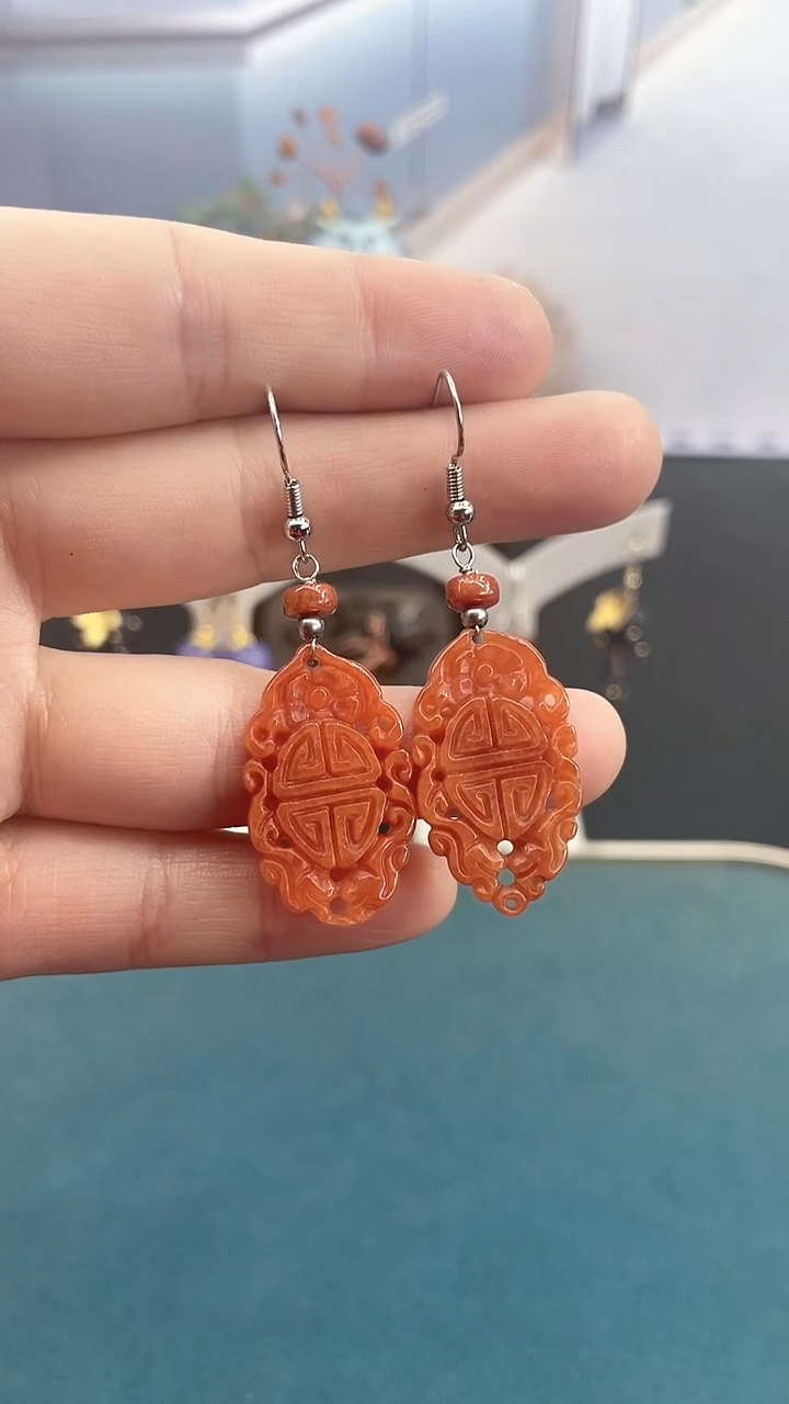 未镶嵌翡翠耳饰红色镂空耳钩2号