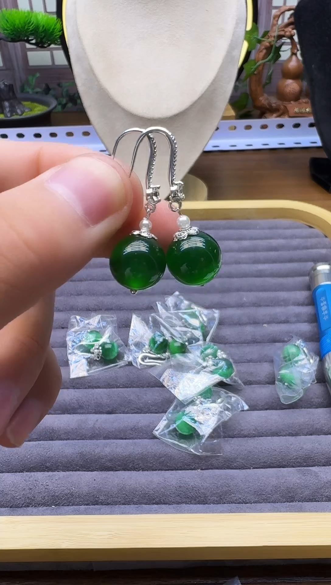 银S925镶嵌耳饰碧玺猫眼E90       