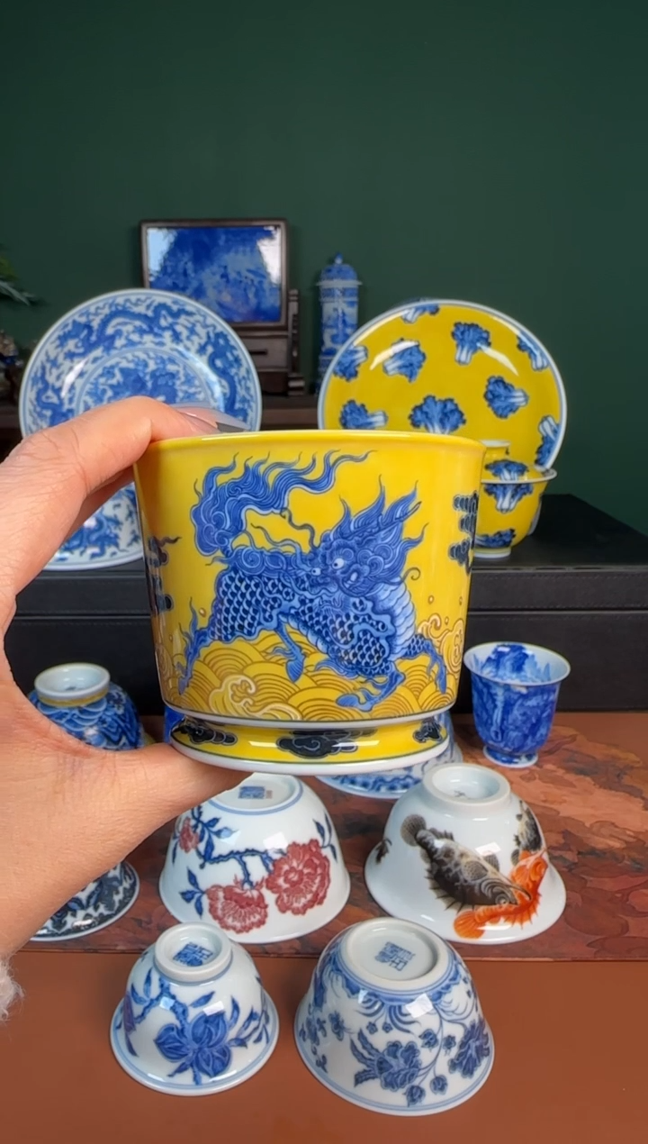 【闪购商品】杯水造 青花黄釉 麒麟 直筒杯 